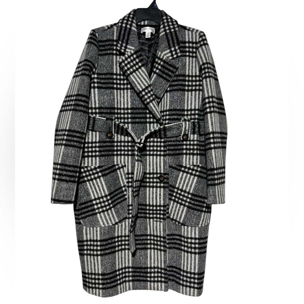 Motherhood Maternity Black White Plaid Trench‎ Coat Size M Classic Chic Winter